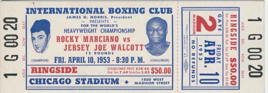 Original 1953 Rocky Marciano vs Jersey Joe Walcott Full Unused Boxing Ticket 