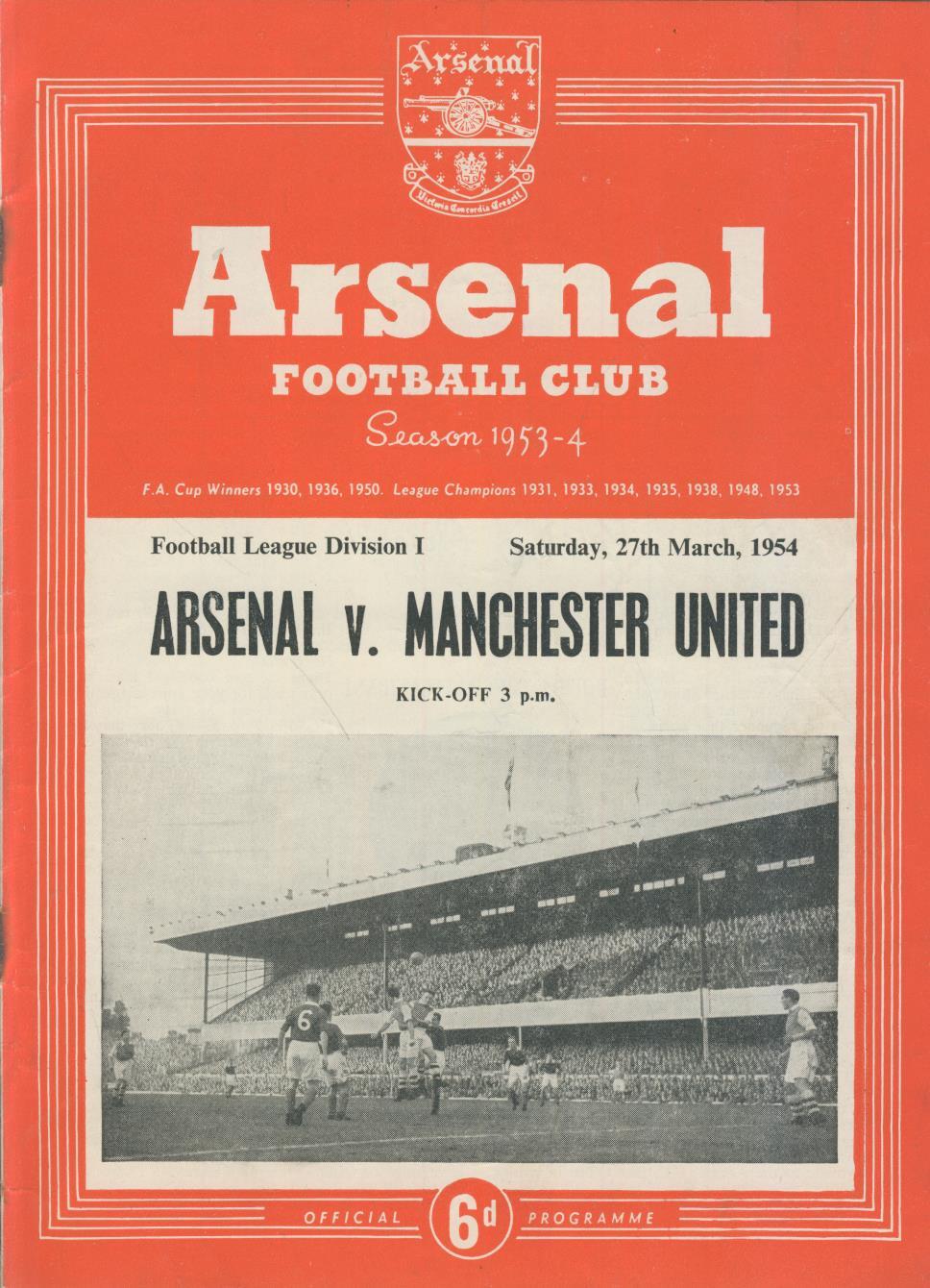 ARSENAL V MANCHESTER UNITED 195354 FOOTBALL PROGRAMME Domestic