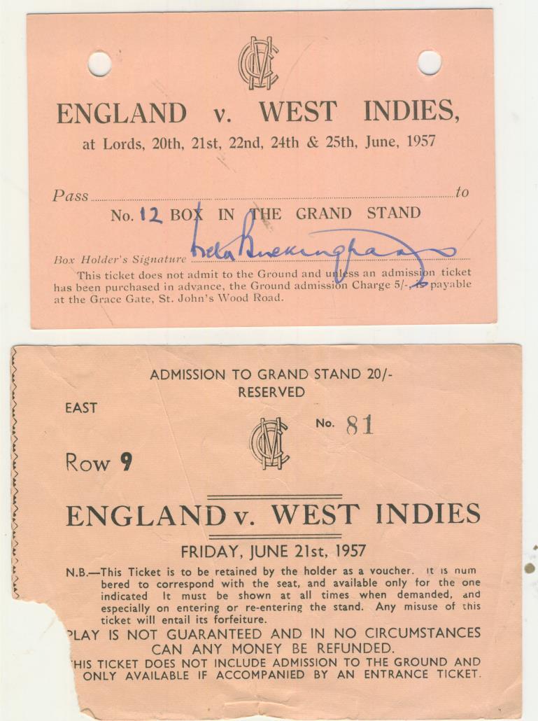 ENGLAND V WEST INDIES 1957 (LORD'S) CRICKET SEAT RESERVATION Cricket