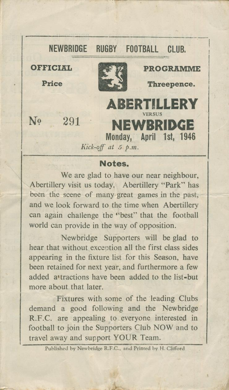 NEWBRIDGE V ABERTILLERY 1946 RUGBY PROGRAMME - Rugby Union Programmes ...