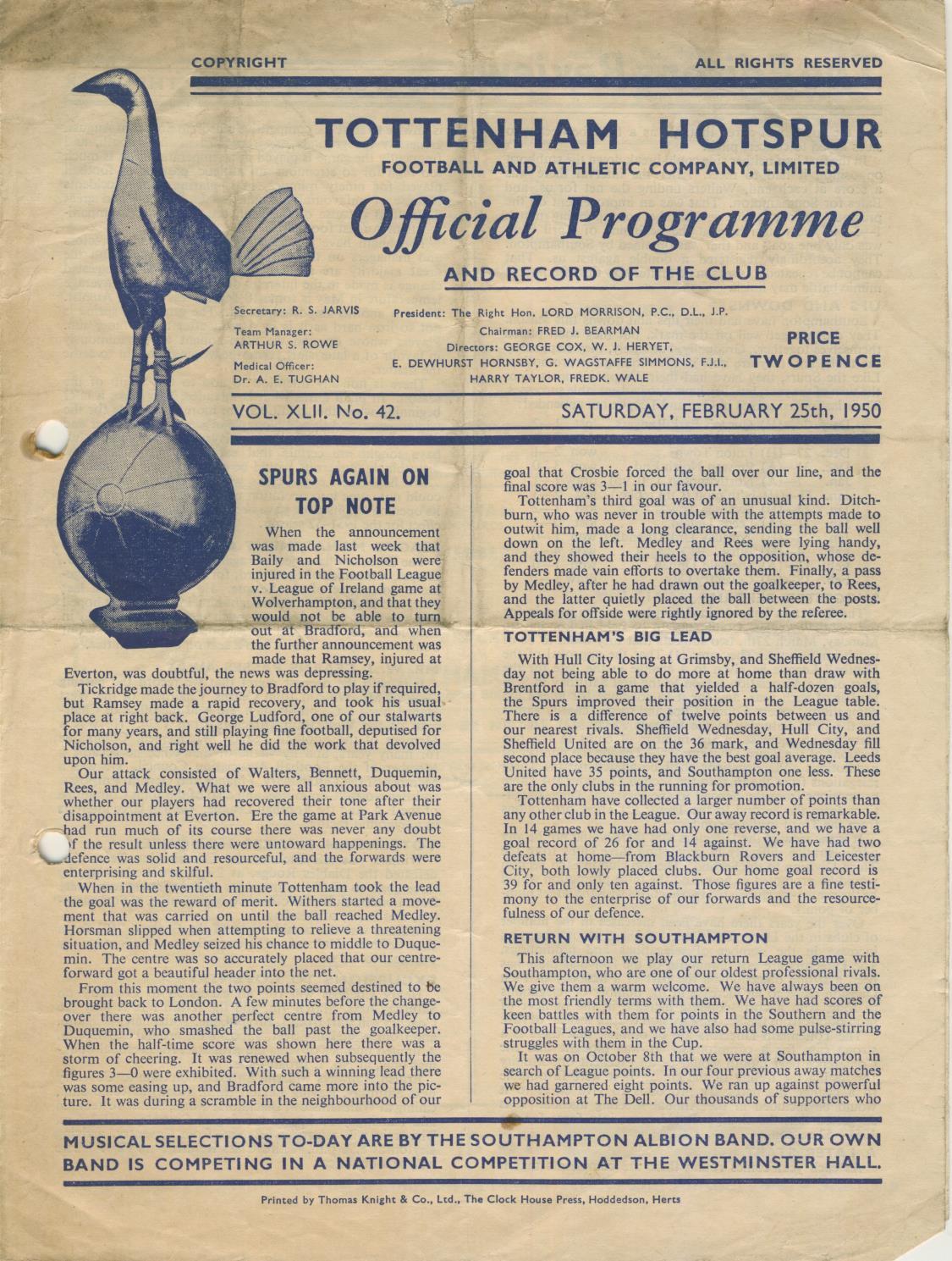 TOTTENHAM HOTSPUR V SOUTHAMPTON 194950 FOOTBALL PROGRAMME Tottenham