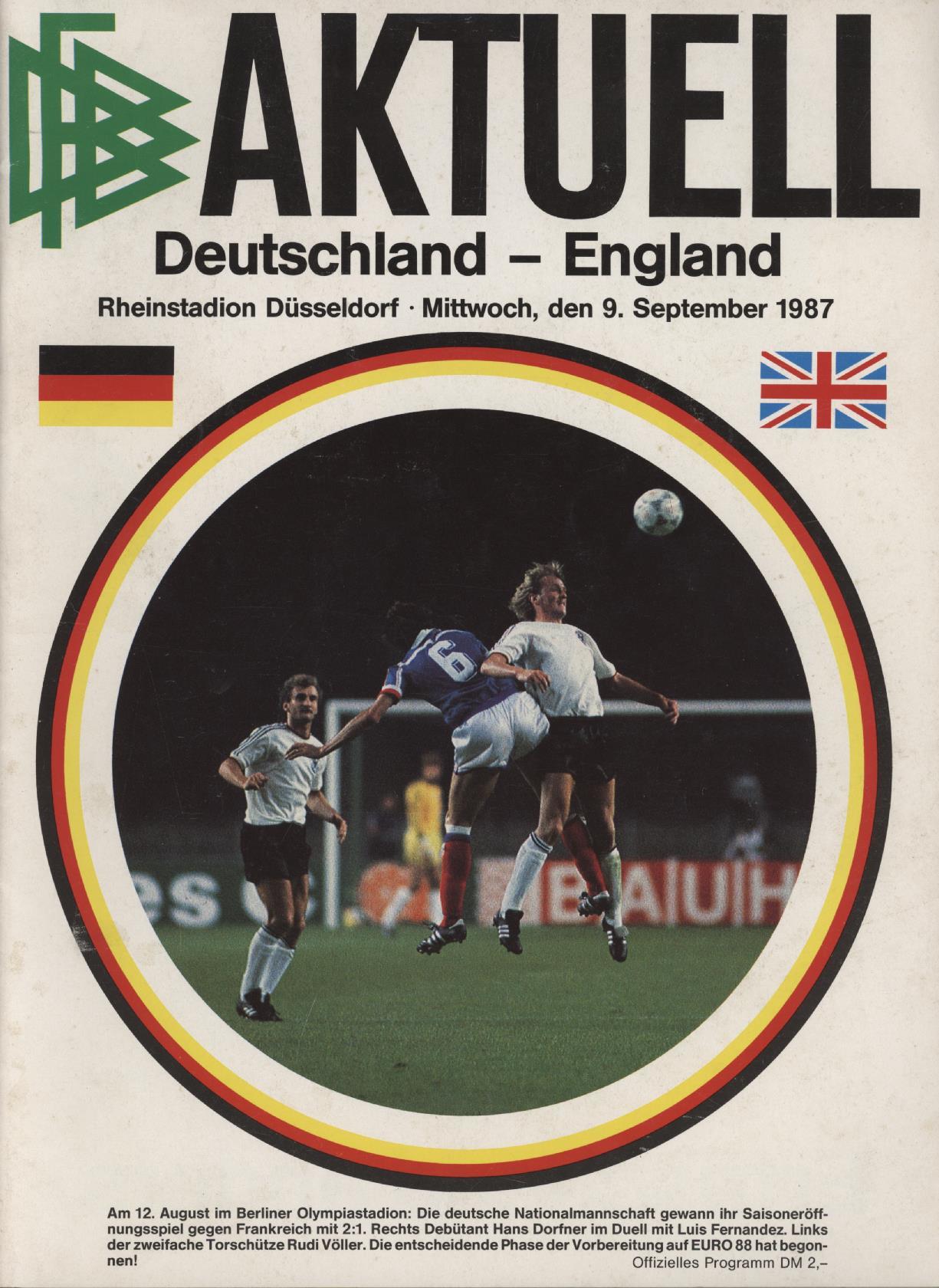 GERMANY V ENGLAND 1987 FOOTBALL PROGRAMME International Football