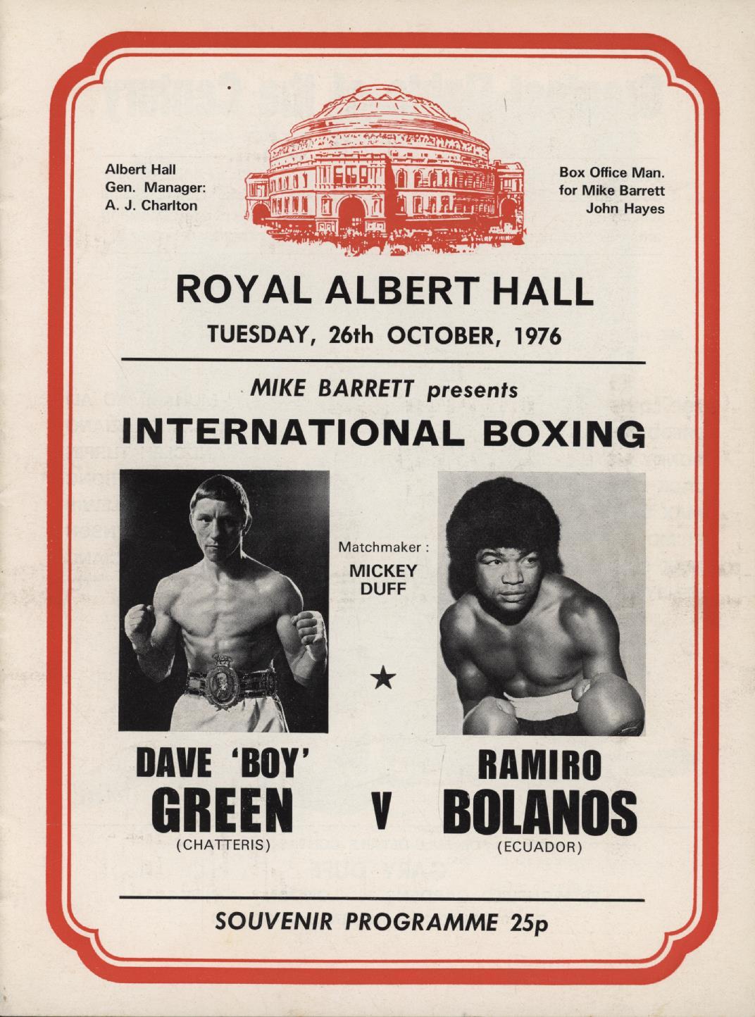 DAVE 'BOY' GREEN V RAMIRO BOLANOS 1976 BOXING PROGRAMME Boxing