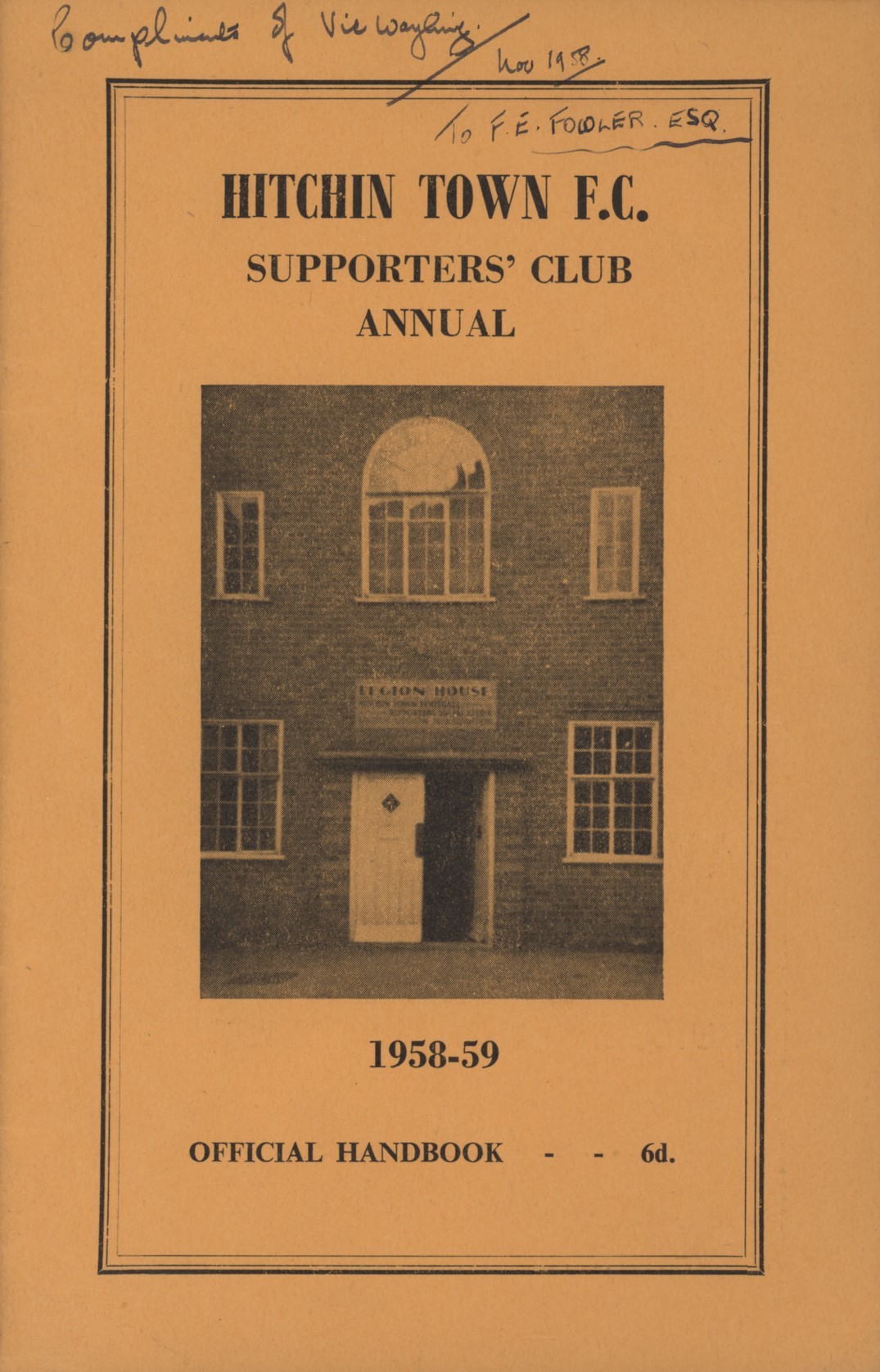 HITCHIN TOWN F.C. SUPPORTERS' CLUB ANNUAL OFFICIAL HANDBOOK 195859