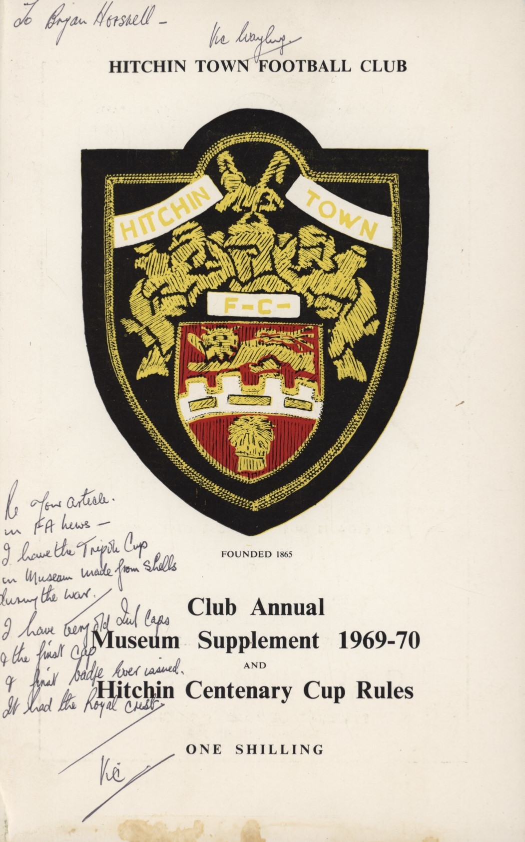 HITCHIN TOWN FOOTBALL CLUB CLUB ANNUAL AND MUSEUM SUPPLEMENT 196970