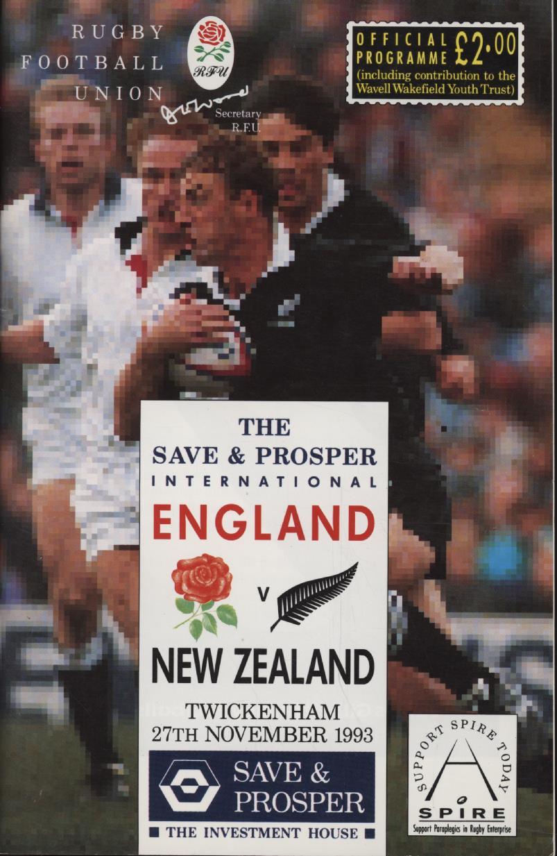 ENGLAND V NEW ZEALAND 1993 RUGBY PROGRAMME England Rugby Union