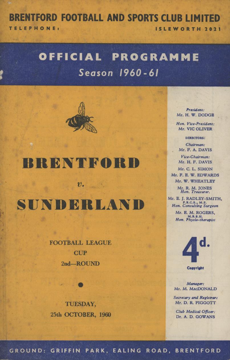 BRENTFORD V SUNDERLAND (LEAGUE CUP 2ND ROUND) 196061 FOOTBALL